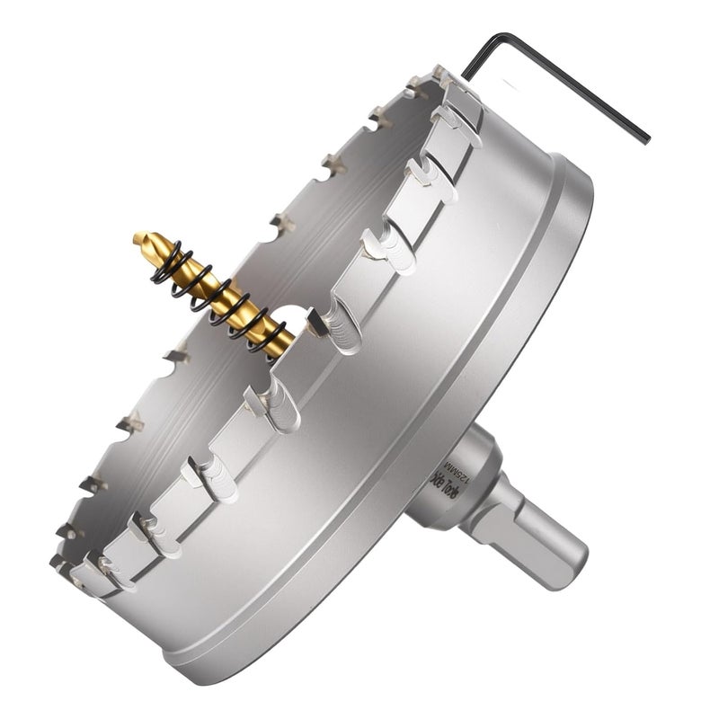 METALLIXITY Hole Saw 125mm (4-29/32"), Heavy Duty Tungsten Carbide with Center Drill Bit Hex Key Spring - Hole Cutters for Thick Stainless Steel Steel Metal Plates. Silver - Image 1
